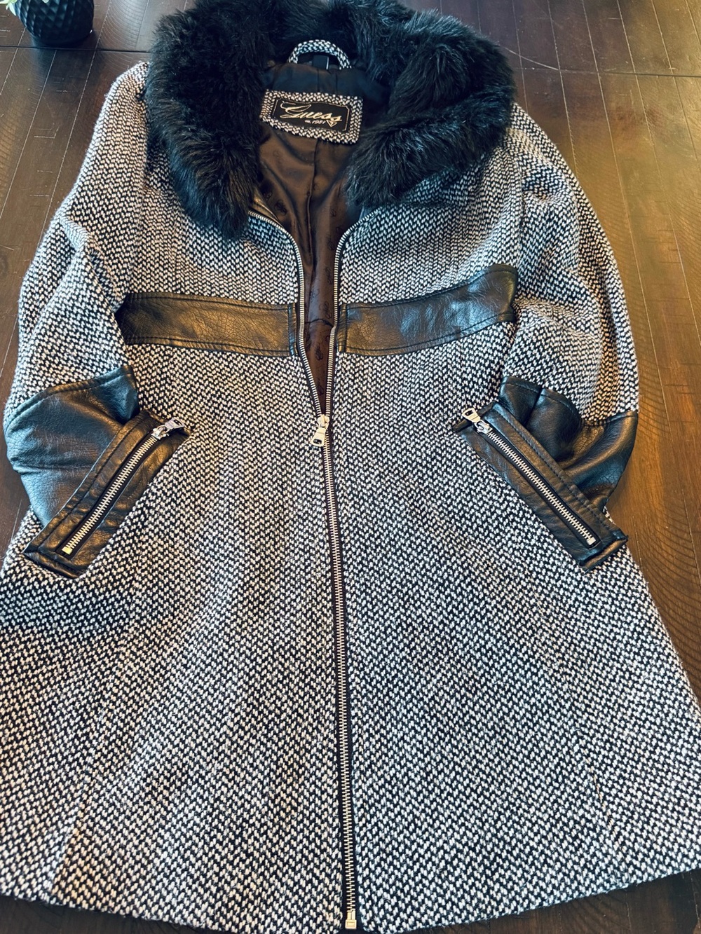 Vintage GUESS Tweed Coat Faux Fur Leather Accents S